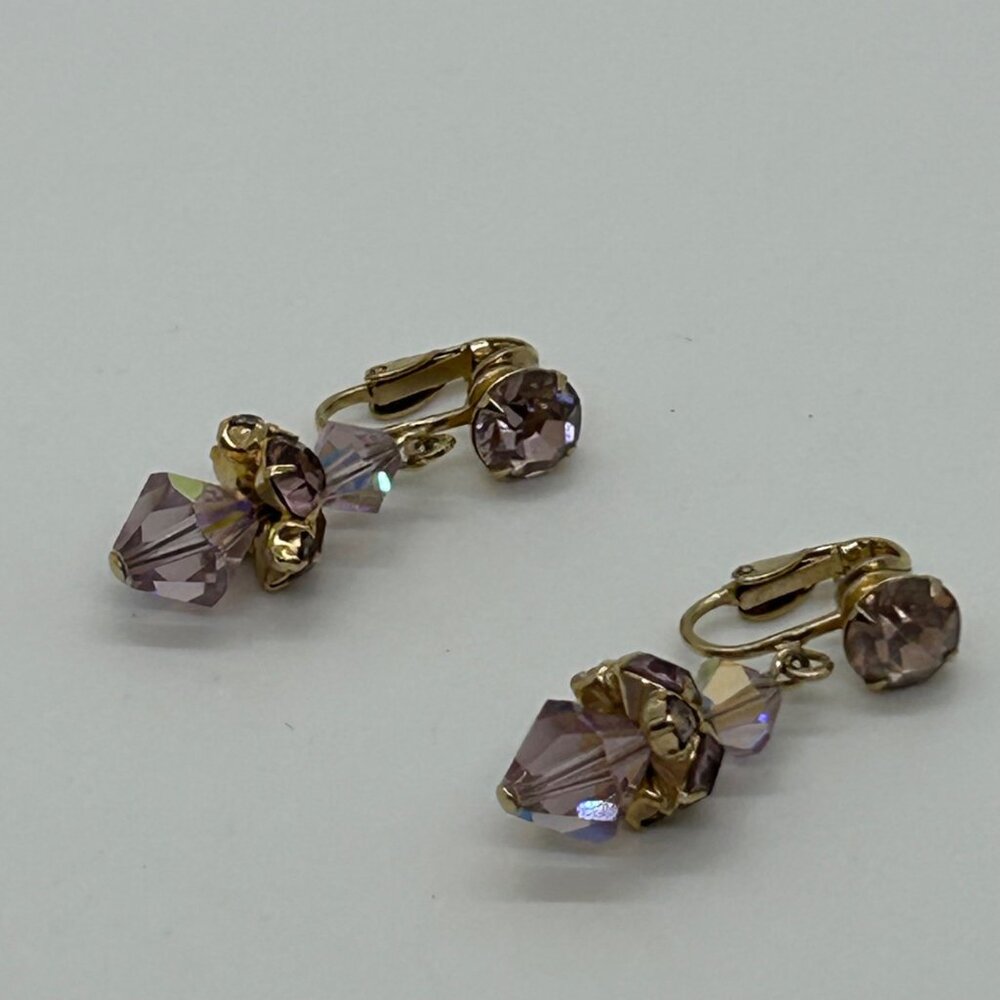 Vintage Aurora Borealis Dangle Earrings Crystal Pink Iridescent Faceted Goldtone - Picture 15 of 15